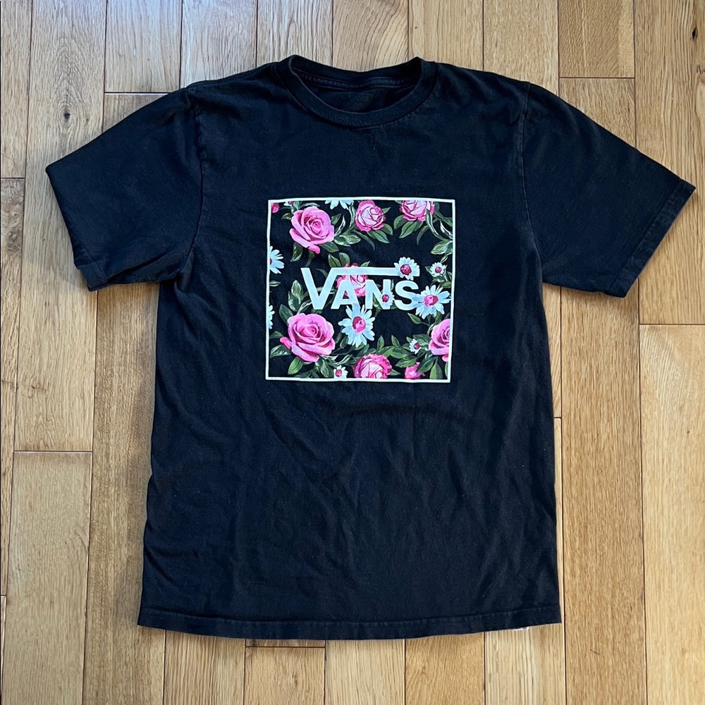 Vans Black Tee with Pink Rose Floral Design White Framed Edgy Skateboard Shirt